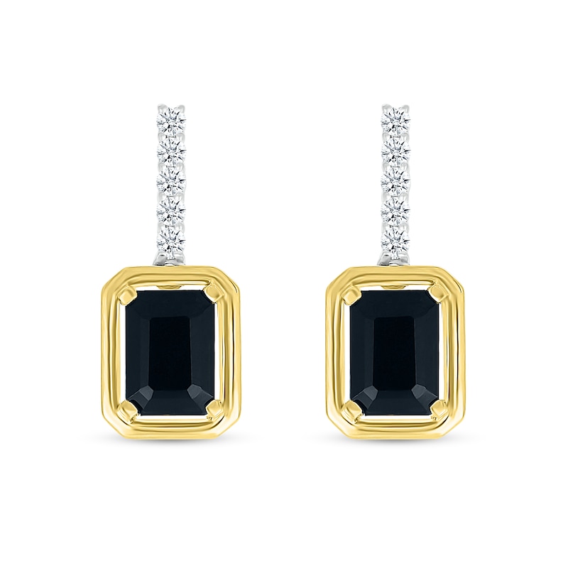 Main Image 3 of Emerald-Cut Black Onyx and White Lab-Created Sapphire Drop Earrings in Sterling Silver and 10K Gold