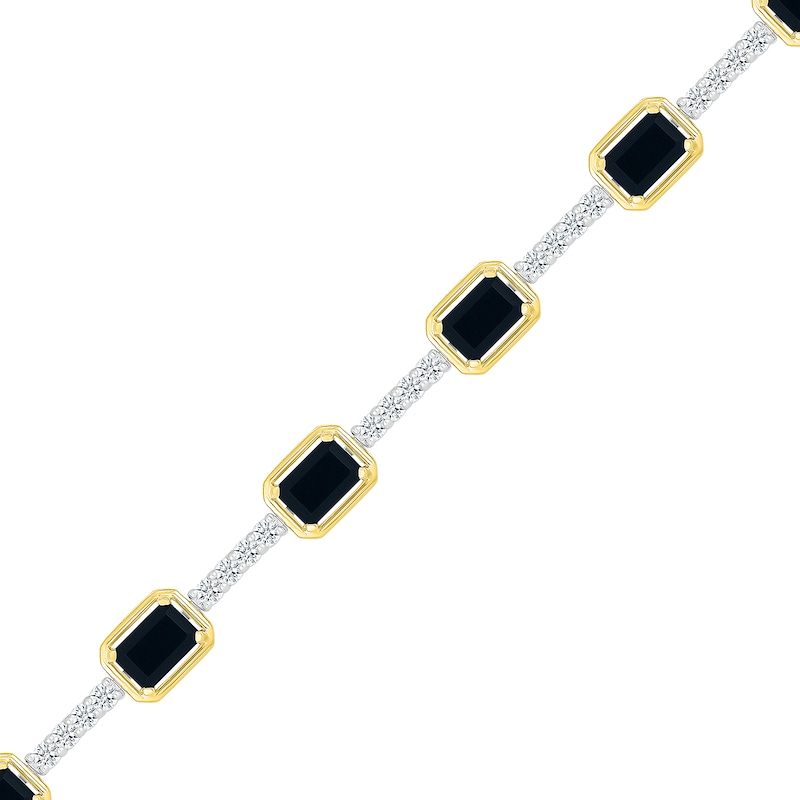 Main Image 1 of Emerald-Cut Black Onyx and White Lab-Created Sapphire Station Line Bracelet in Sterling Silver and 10K Gold - 7.25"