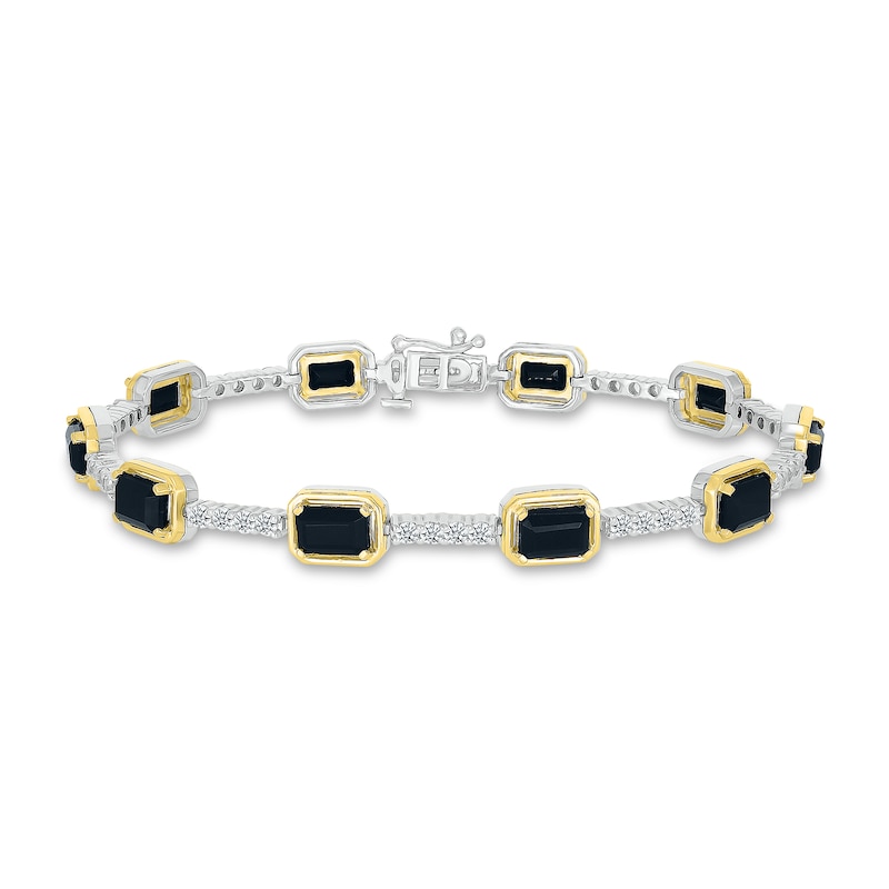 Main Image 2 of Emerald-Cut Black Onyx and White Lab-Created Sapphire Station Line Bracelet in Sterling Silver and 10K Gold - 7.25"