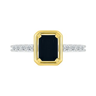 Emerald-Cut Black Onyx and White Lab-Created Sapphire Ring in Sterling Silver and 10K Gold
