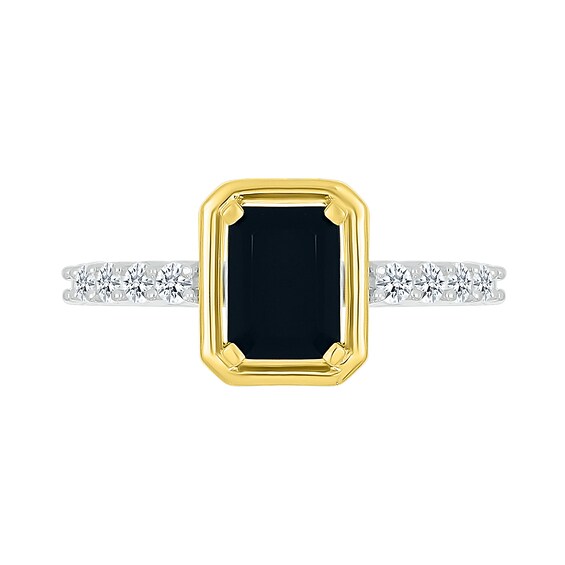 Emerald-Cut Black Onyx and White Lab-Created Sapphire Ring in Sterling Silver and 10K Gold