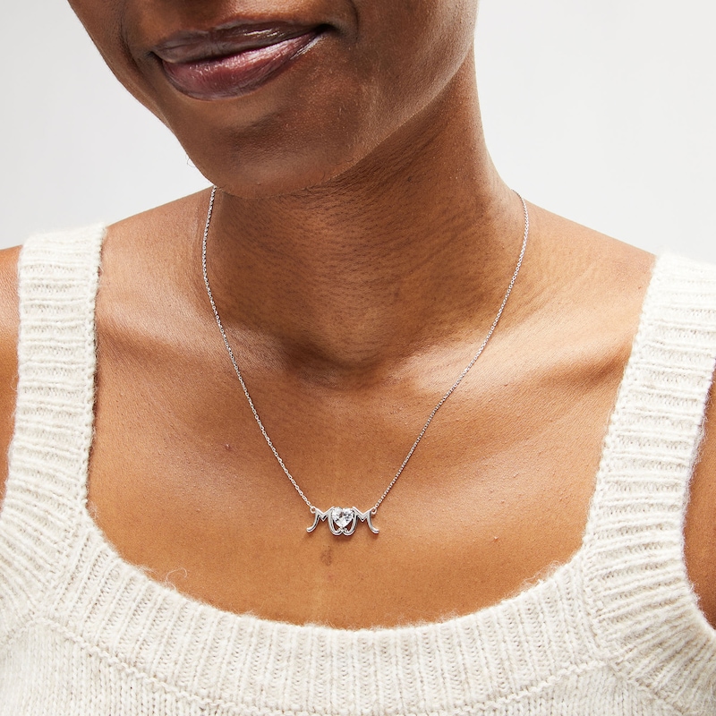 Main Image 2 of 7.0mm Heart-Shaped White Lab-Created Sapphire "MOM" Necklace in Sterling Silver - 18.75"