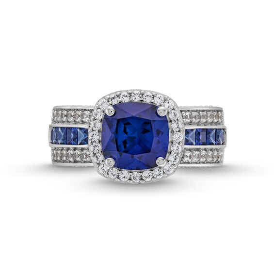 8.0mm Cushion-Cut Blue and White Lab-Created Sapphire Frame Triple Row Ring in Sterling Silver