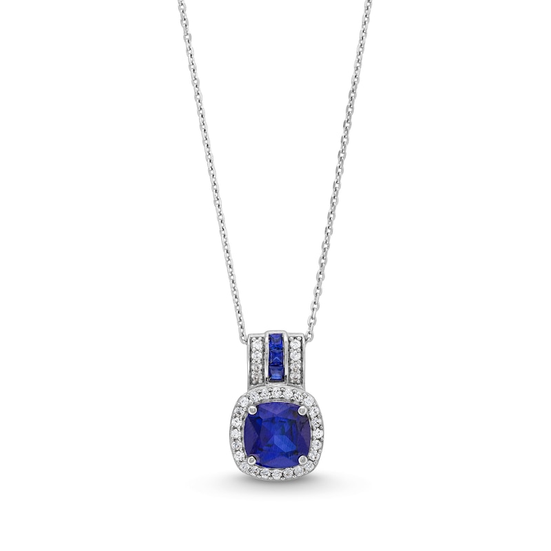 8.0mm Cushion-Cut Blue and White Lab-Created Sapphire Frame Triple Row Bail Pendant in Sterling Silver|Peoples Jewellers