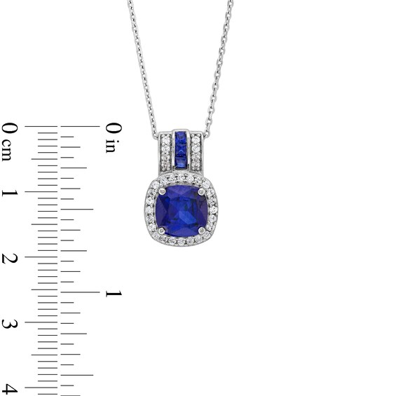 8.0mm Cushion-Cut Blue and White Lab-Created Sapphire Frame Triple Row Bail Pendant in Sterling Silver