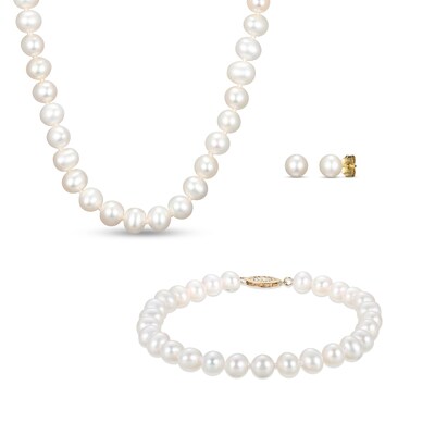 6.0-6.5mm Freshwater Cultured Pearl Strand Necklace, Bracelet and Stud Earrings Set in 10K Gold