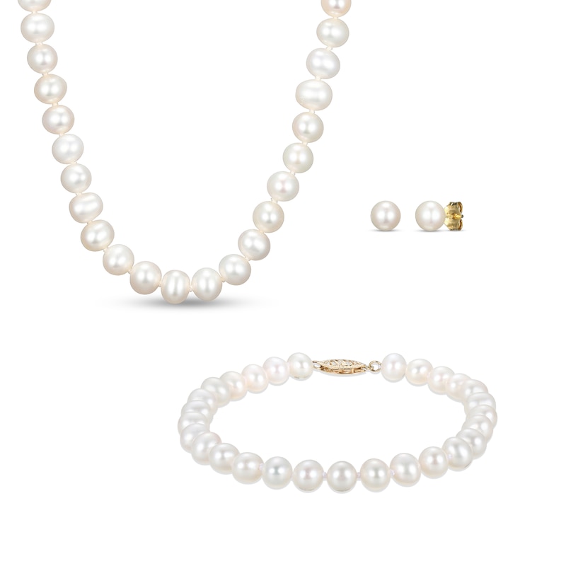 Main Image 1 of 6.0-6.5mm Freshwater Cultured Pearl Strand Necklace, Bracelet and Stud Earrings Set in 10K Gold
