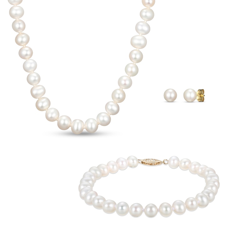 6.0-6.5mm Cultured Freshwater Pearl Strand Necklace, Bracelet and Stud Earrings Set in 10K Gold