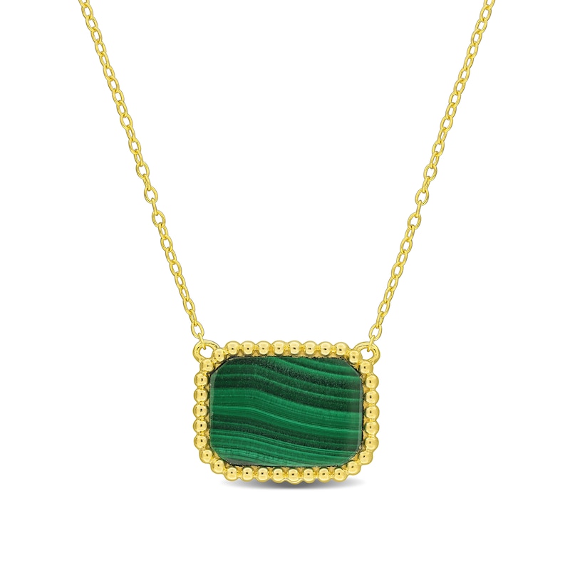 Main Image 1 of Octagon Malachite Beaded Frame Sideways Necklace in Sterling Silver with 18K Gold Plate - 17"