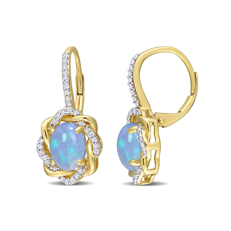 Oval Blue Opal and 0.24 CT. T.W. Diamond Twist Frame Drop Earrings in 10K Gold