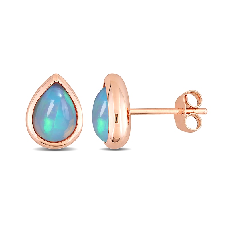 Main Image 1 of Pear-Shaped Blue Opal Bezel-Set Solitaire Stud Earrings in 10K Rose Gold