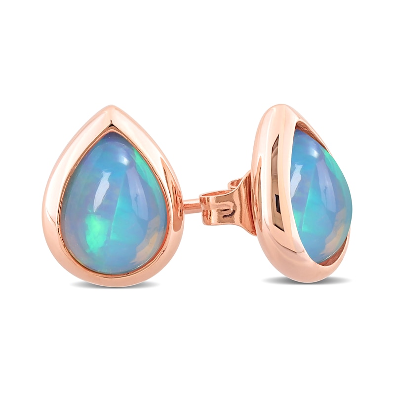 Main Image 3 of Pear-Shaped Blue Opal Bezel-Set Solitaire Stud Earrings in 10K Rose Gold