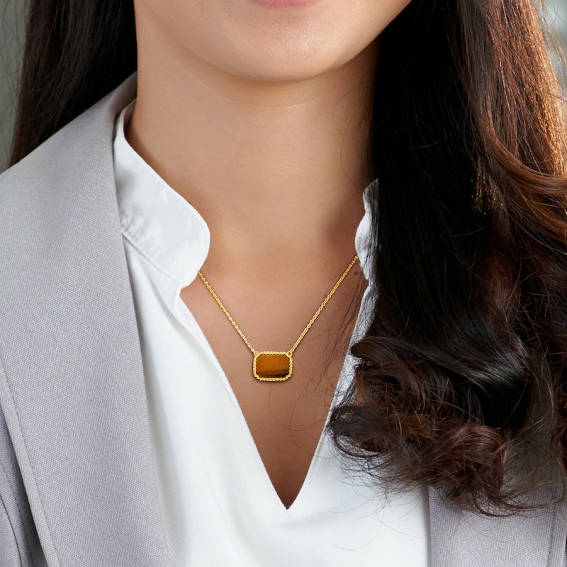 Main Image 2 of Octagon Tiger's Eye Beaded Frame Sideways Necklace in Sterling Silver with 18K Gold Plate - 17"