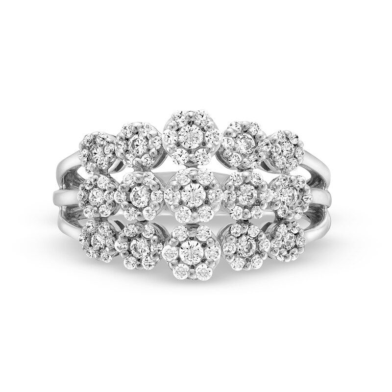 Main Image 4 of 0.70 CT. T.W. Multi-Diamond Flower Triple Row Split Shank Ring in 10K White Gold