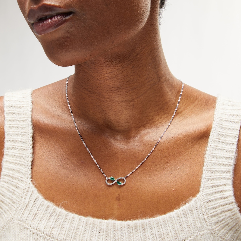 Main Image 2 of Pear-Shaped Lab-Created Emerald and White Lab-Created Sapphire Infinity Necklace in Sterling Silver