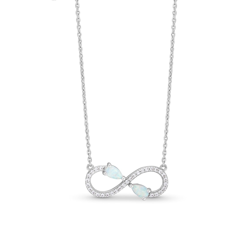 Main Image 1 of Pear-Shaped Lab-Created Opal and White Lab-Created Sapphire Infinity Necklace in Sterling Silver