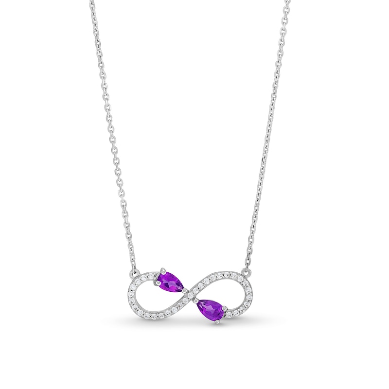 Main Image 1 of Pear-Shaped Amethyst and White Lab-Created Sapphire Infinity Necklace in Sterling Silver