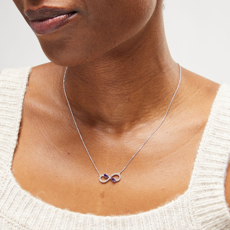 Main Image 2 of Pear-Shaped Amethyst and White Lab-Created Sapphire Infinity Necklace in Sterling Silver