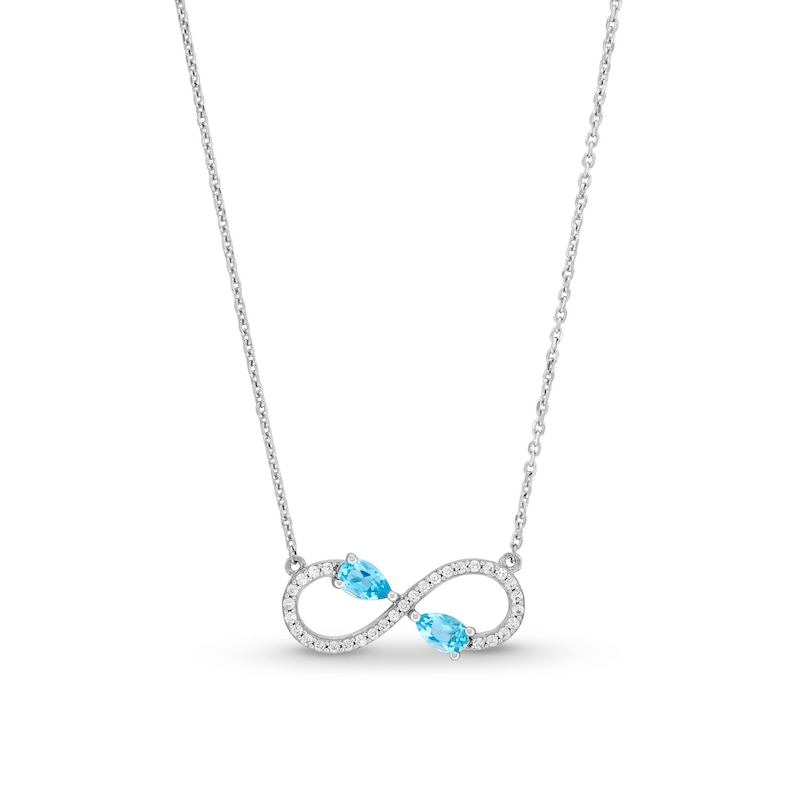 Main Image 1 of Pear-Shaped Swiss Blue Topaz and White Lab-Created Sapphire Infinity Necklace in Sterling Silver