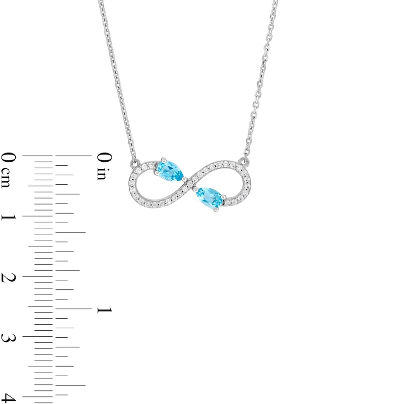Main Image 3 of Pear-Shaped Swiss Blue Topaz and White Lab-Created Sapphire Infinity Necklace in Sterling Silver