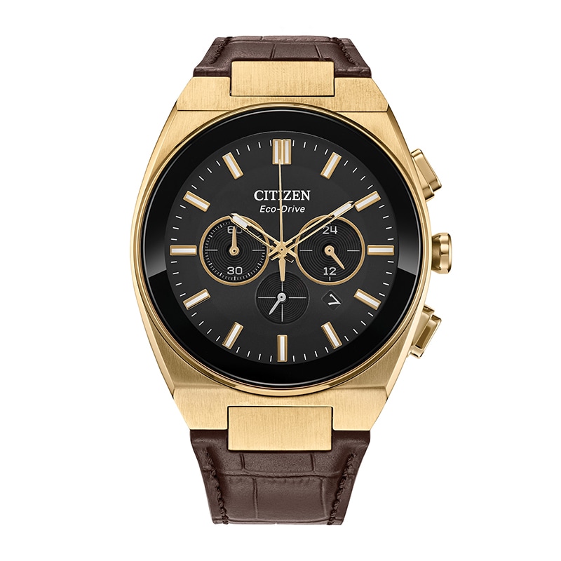Men's Citizen Axiom Watch in Yellow-Tone Stainess Steel with Brown Leather Strap (Model: CA4583-01E)