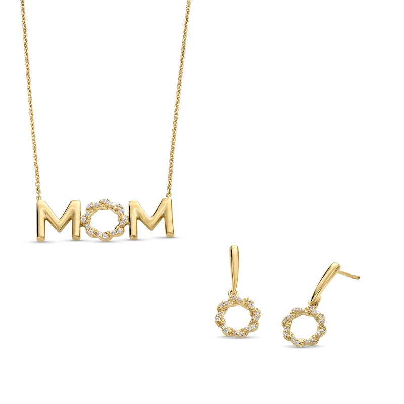 Circle of Gratitude® Collection 0.20 CT. T.W. Diamond Twist "MOM" Necklace and Drop Earrings Set in Sterling Silver with 10K Gold Plate - 19"|Peoples Jewellers