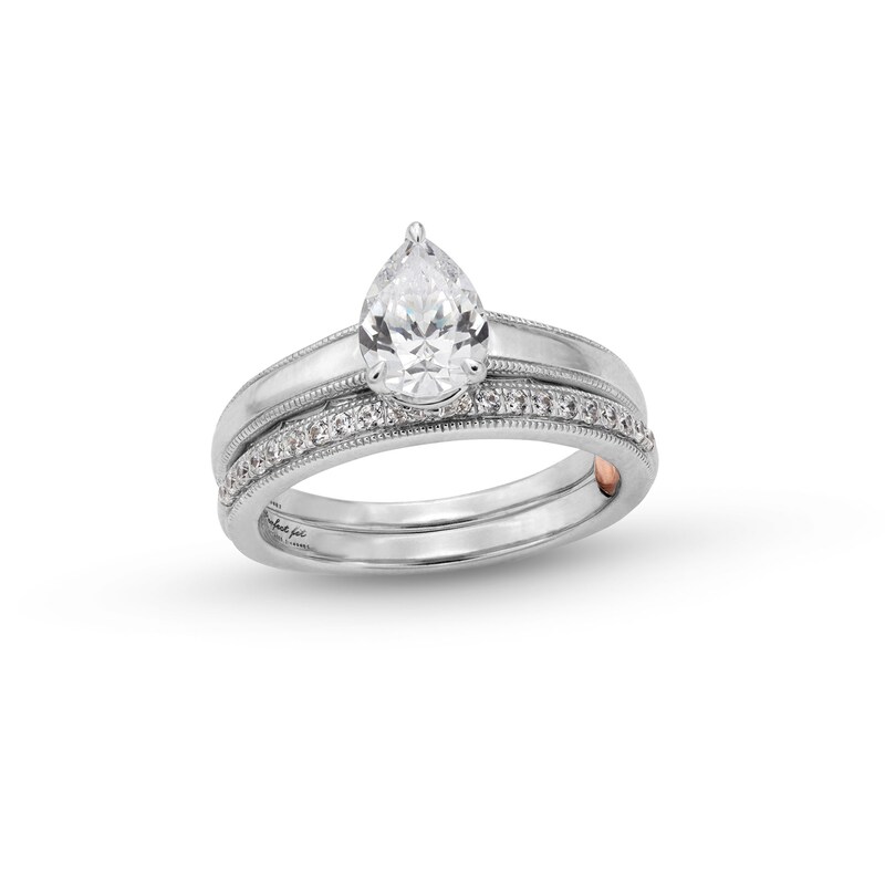 Main Image 1 of Perfect Fit 1.00 CT. T.W. Pear-Shaped Certified Lab-Grown Diamond Vintage-Style Bridal Set in 14K White Gold (F/SI2)