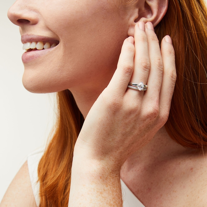 Main Image 2 of Perfect Fit 1.00 CT. T.W. Pear-Shaped Certified Lab-Grown Diamond Vintage-Style Bridal Set in 14K White Gold (F/SI2)