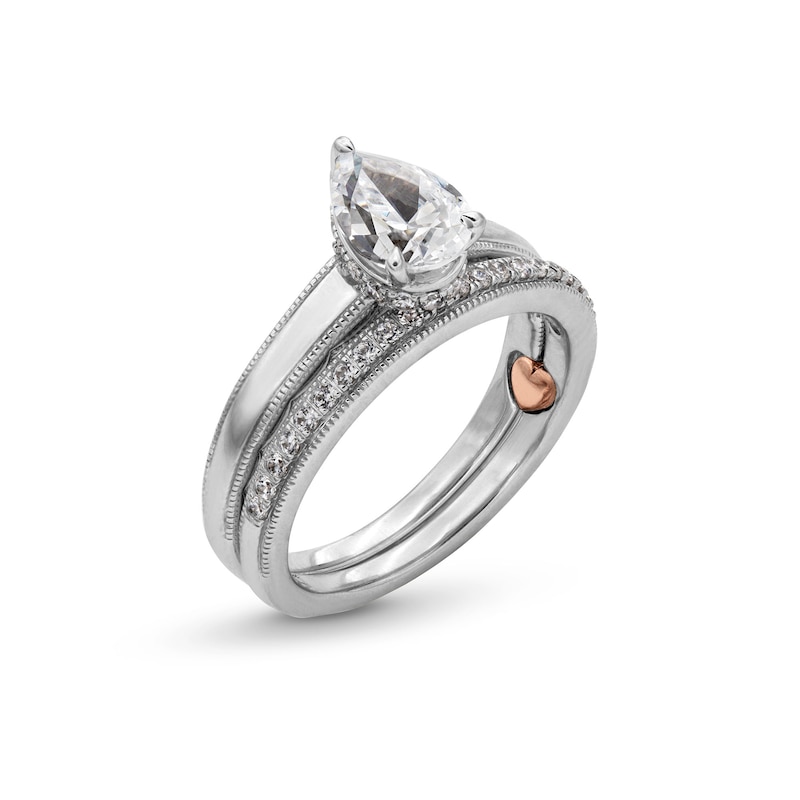 Main Image 3 of Perfect Fit 1.00 CT. T.W. Pear-Shaped Certified Lab-Grown Diamond Vintage-Style Bridal Set in 14K White Gold (F/SI2)