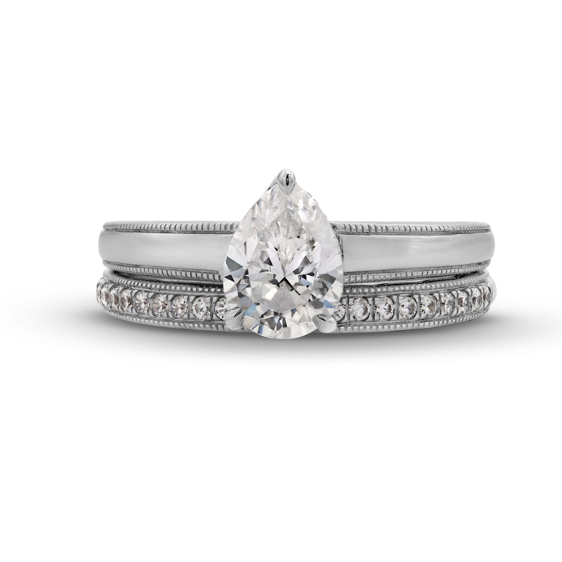 Main Image 4 of Perfect Fit 1.00 CT. T.W. Pear-Shaped Certified Lab-Grown Diamond Vintage-Style Bridal Set in 14K White Gold (F/SI2)
