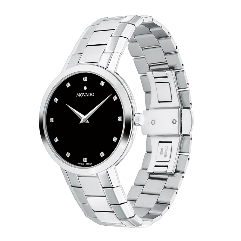 Men's Movado Faceto 0.04 CT. T.W. Diamond Watch with Black Dial (Model: 0607865)