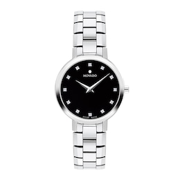 Ladies' Movado Faceto 0.04 CT. T.W. Diamond Watch with Black Dial (Model: 0607866)