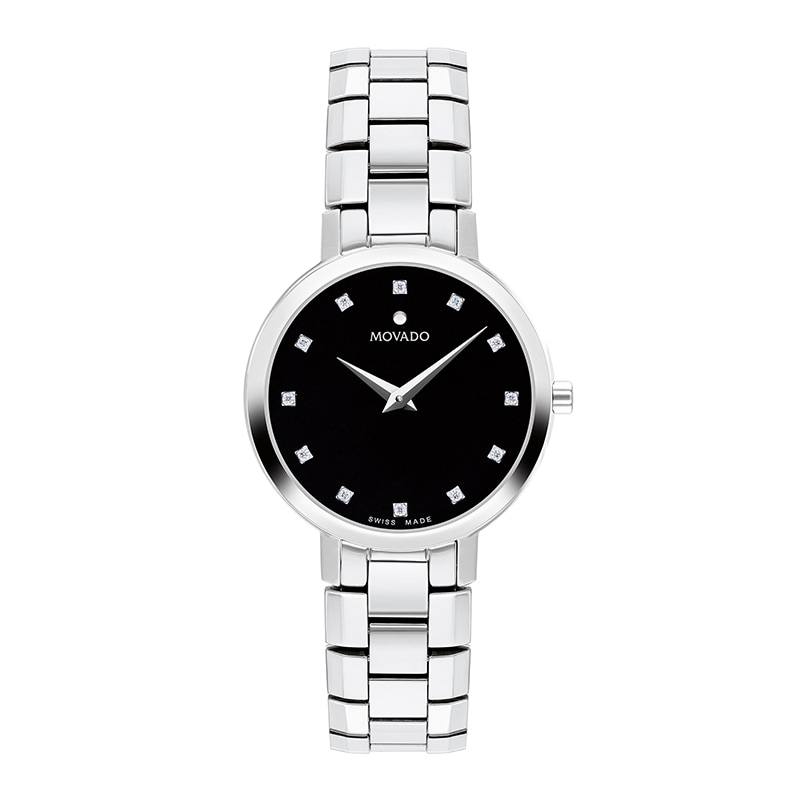 Ladies' Movado Faceto 0.04 CT. T.W. Diamond Watch with Black Dial (Model: 0607866)