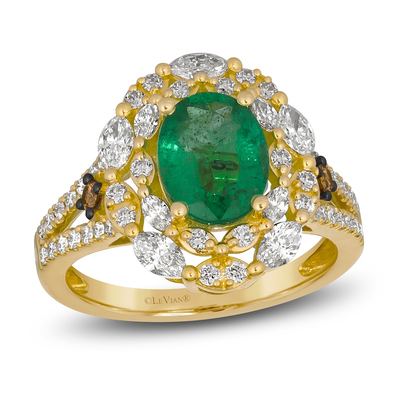 Main Image 1 of Le Vian® Oval Costa Smeralda Emerald™ and 0.90 CT. T.W. Diamond Double Frame Split Shank Ring in 18K Honey Gold™
