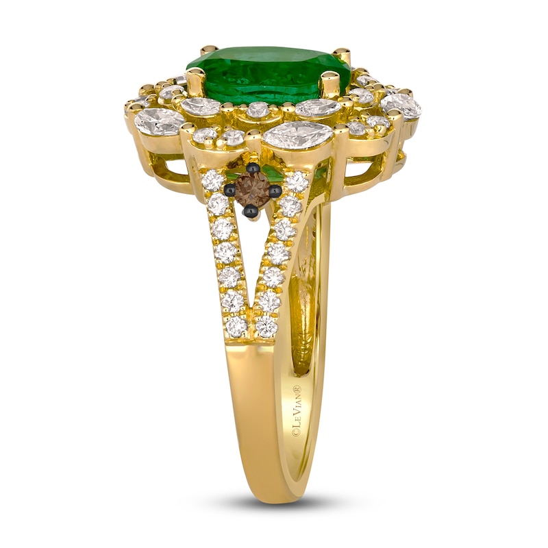 Main Image 3 of Le Vian® Oval Costa Smeralda Emerald™ and 0.90 CT. T.W. Diamond Double Frame Split Shank Ring in 18K Honey Gold™