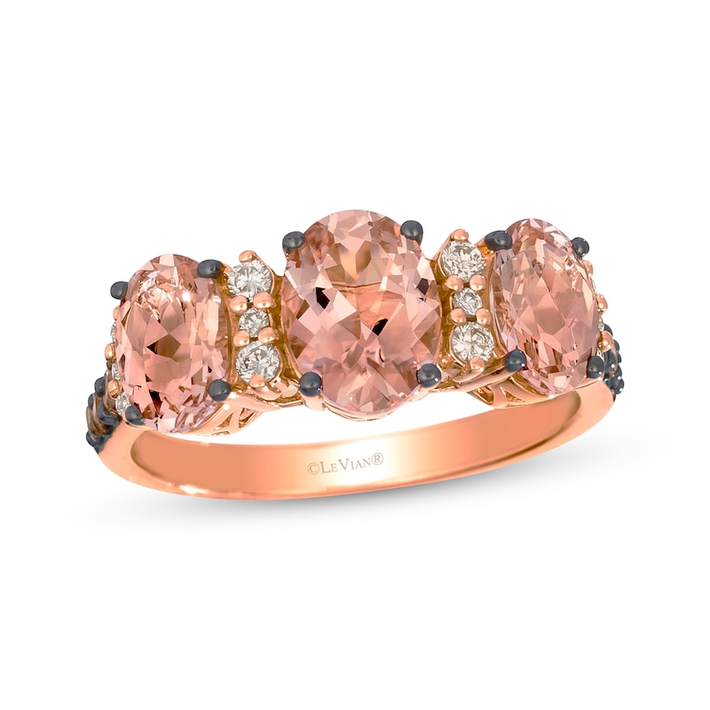 Main Image 1 of Le Vian® Oval Peach Morganite™ and 0.25 CT. T.W. Diamond Three Stone Ring in 14K Strawberry Gold®
