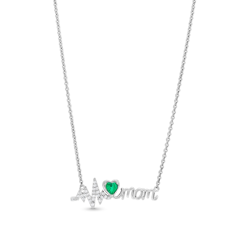 4.0mm Heart-Shaped Lab-Created Emerald and White Lab-Created Sapphire "mom" Heartbeat Necklace in Sterling Silver|Peoples Jewellers