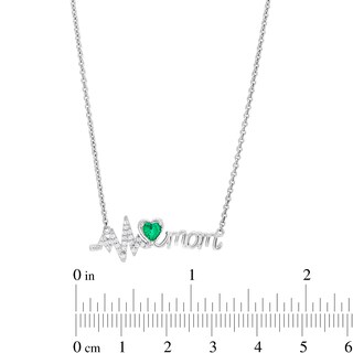 4.0mm Heart-Shaped Lab-Created Emerald and White Lab-Created Sapphire "mom" Heartbeat Necklace in Sterling Silver