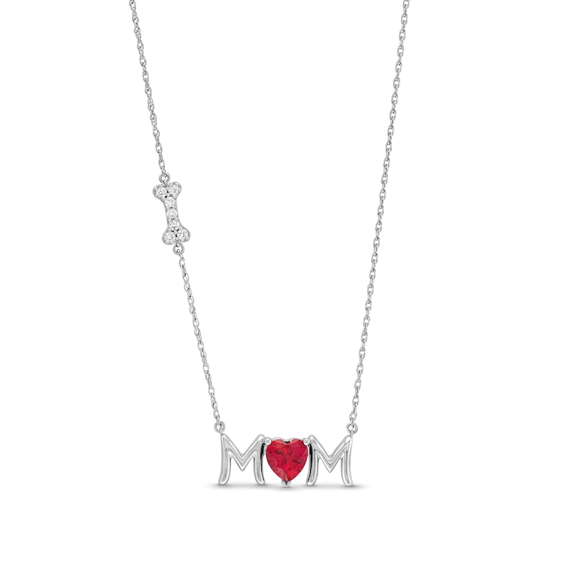 6.0mm Heart-Shaped Lab-Created Ruby and White Lab-Created Sapphire "MOM" with Dog Bone Necklace in Sterling Silver