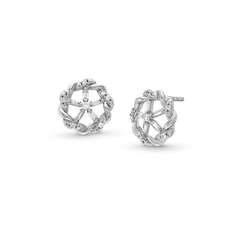 Main Image 1 of Circle of Gratitude® 0.20 CT. T.W. Baguette and Round Diamond Twist Stud Earrings in 10K White Gold
