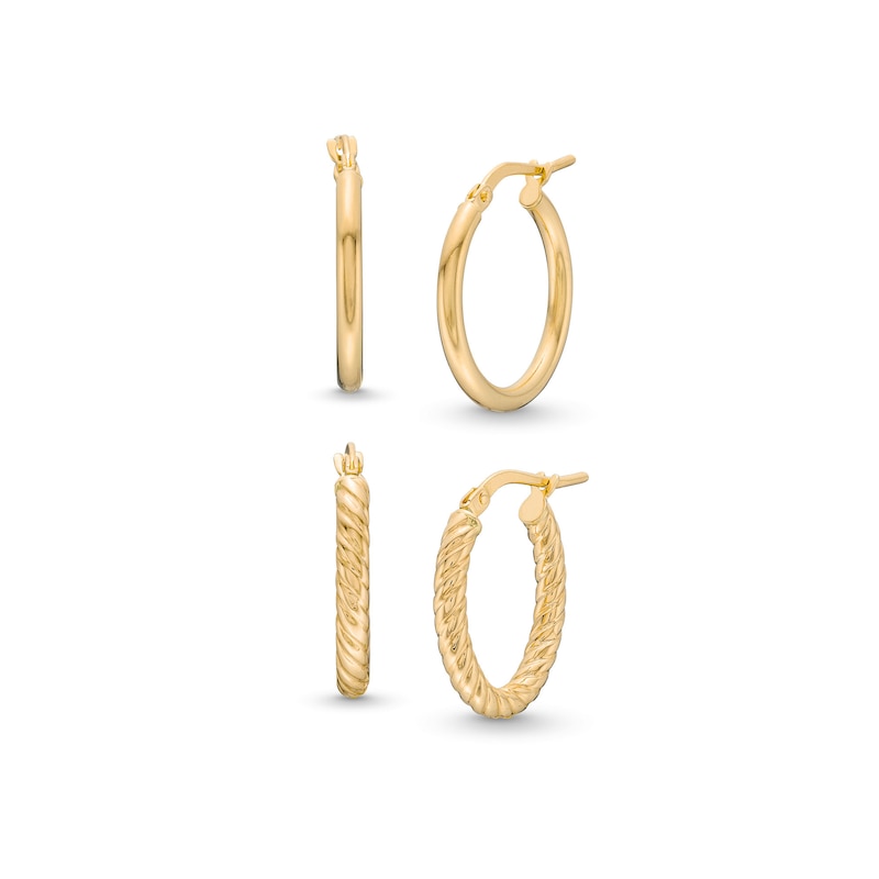 Polished Tube and Rope-Textured Hoop Earrings Set in Hollow 10K Gold