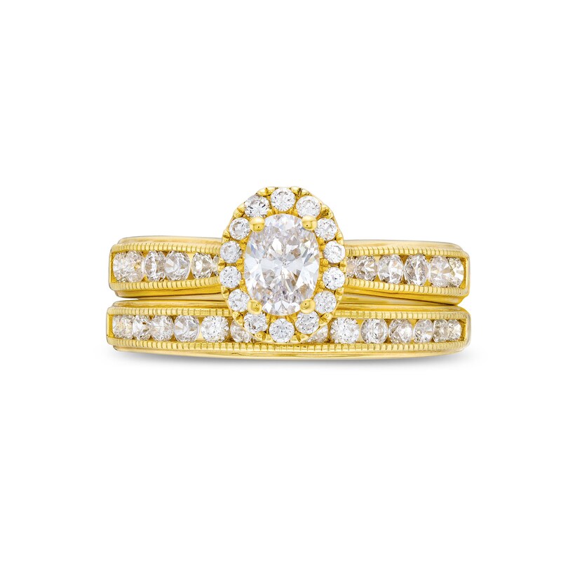 Main Image 4 of GIA-Graded Oval Centre Diamond 1.10 CT. T.W. Frame Vintage-Style Bridal Set in 14K Gold (F/SI2)