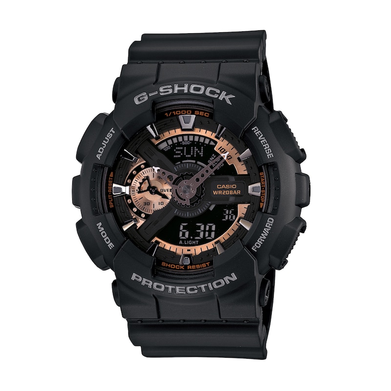 Men's Casio G-Shock Analog Digital Black Resin Strap Watch with Black and Rose-Tone Dial (Model: GA110RG-1A)