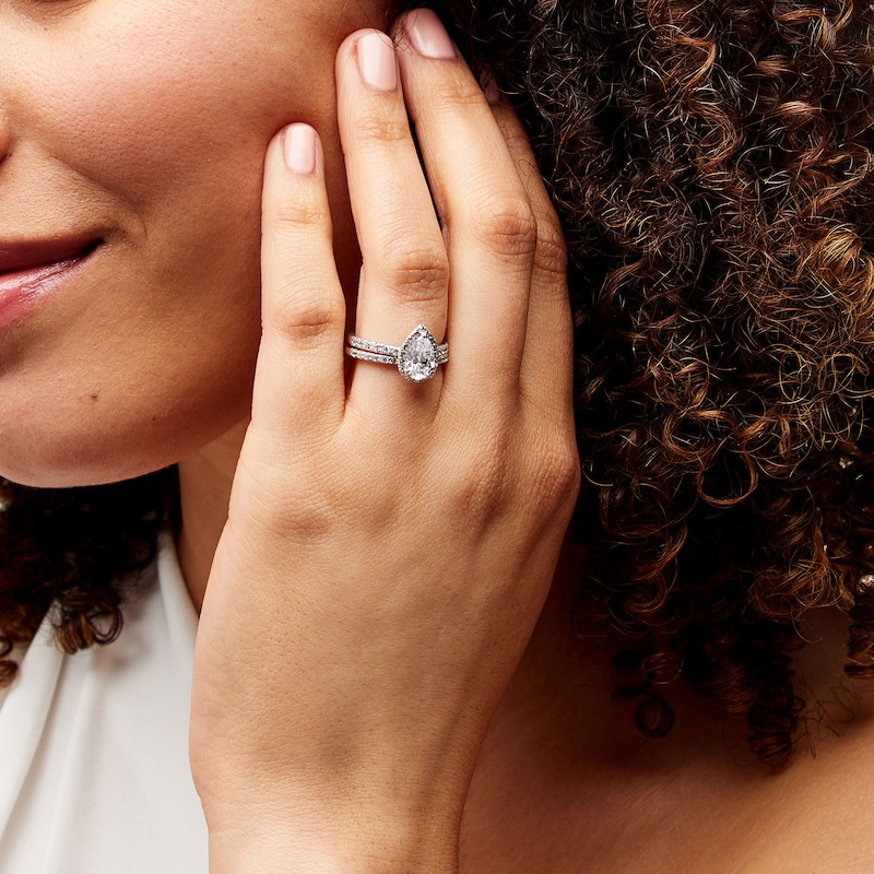 Main Image 2 of 1.70 CT. T.W. Pear-Shaped Certified Lab-Grown Diamond Frame Bridal Set in 14K White Gold (F/SI2)