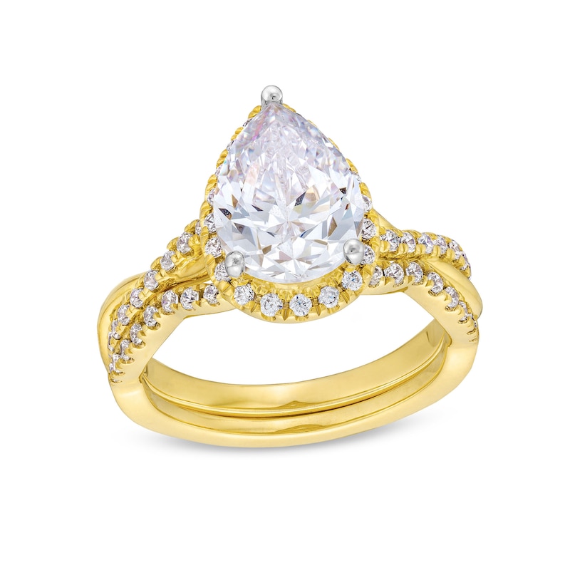 Main Image 1 of 2.50 CT. T.W. Pear-Shaped Certified Lab-Grown Diamond Frame Twist Bridal Set in 14K Gold (F/SI2)