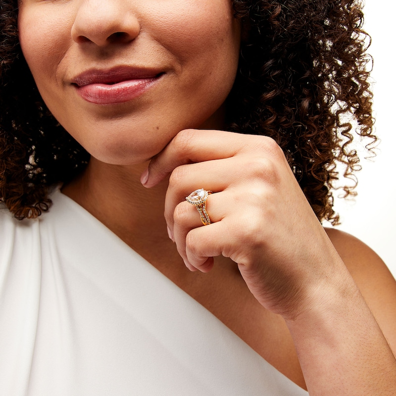 Main Image 2 of 2.50 CT. T.W. Pear-Shaped Certified Lab-Grown Diamond Frame Twist Bridal Set in 14K Gold (F/SI2)