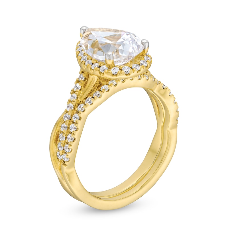 Main Image 3 of 2.50 CT. T.W. Pear-Shaped Certified Lab-Grown Diamond Frame Twist Bridal Set in 14K Gold (F/SI2)