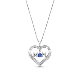 4.0mm Blue and White Lab-Created Sapphire "MOM" Heart Pendant in Sterling Silver