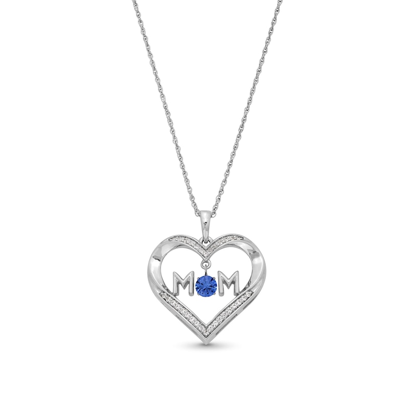 Main Image 1 of 4.0mm Blue and White Lab-Created Sapphire "MOM" Heart Pendant in Sterling Silver