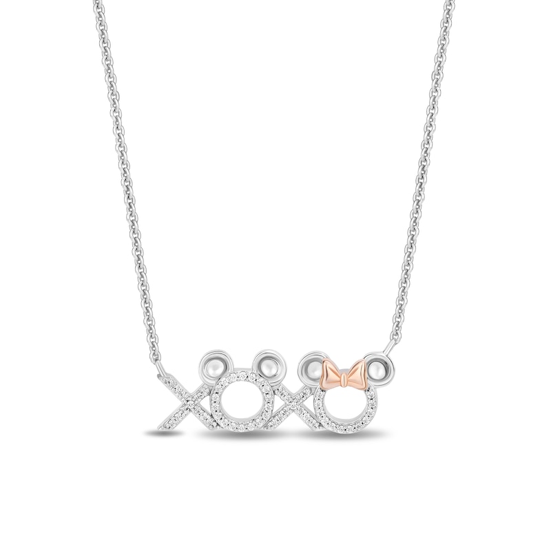 Main Image 1 of Disney Treasures Mickey & Minnie Mouse 0.115 CT. T.W. Diamond "XOXO" Necklace in Sterling Silver and 10K Rose Gold